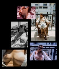 a collage of photos of a woman with her breasts on a balcony